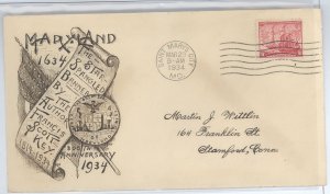 US 736 1934 3c Maryland Tercentennary (single) on an addressed FDC with a Grimsland cachet