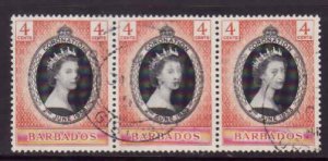 Barbados-Sc#235- id16-used strip QEII Coronation set-dated 31 Jy 1953-unusual-