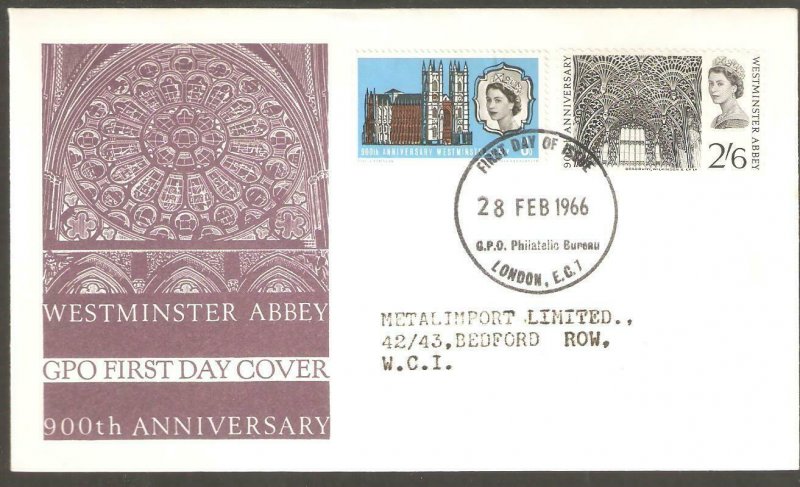 1966  WESTMINSTER ABBEY FIRST DAY COVER  WITH  BUREAU CANCEL