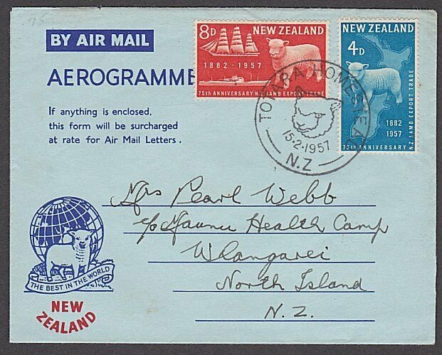 NEW ZEALAND 1957 Sheep set on commem FDC aerogramme - special pmk...........B833