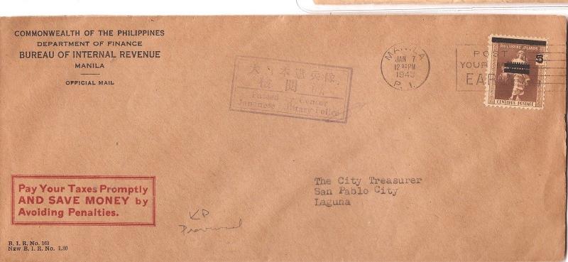 Phillipines Japanese Occupation 1940 KD Provisional Censor cover (bai)