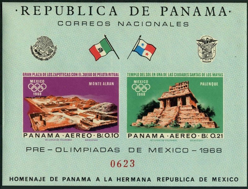 Panama 477-477E imp bl/4,477F var imp,MNH. Olympics Mexico-1968.Indian ruins.