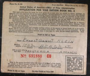 1943 Texarkana AR USA Application For War Ration Book Card Cover Ernest Klein