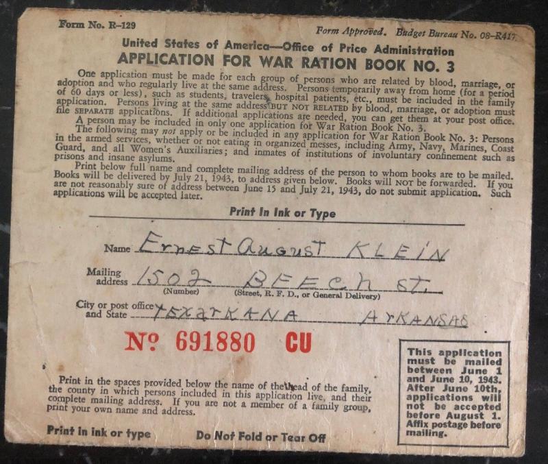 1943 Texarkana AR USA Application For War Ration Book Card Cover Ernest Klein