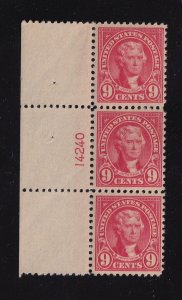 1923 Jefferson 9c rose Sc 561 MNH full original gum, plate strip of 3 14240L