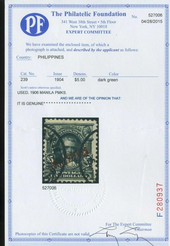 Philippines Scott #239 Marshall USED RARE Stamp with PF Cert (Stock Ph 239-1pf)