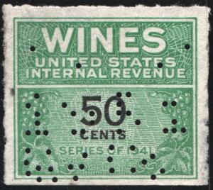 RE139 50¢ Wine Revenue Stamp (1942) Perfin