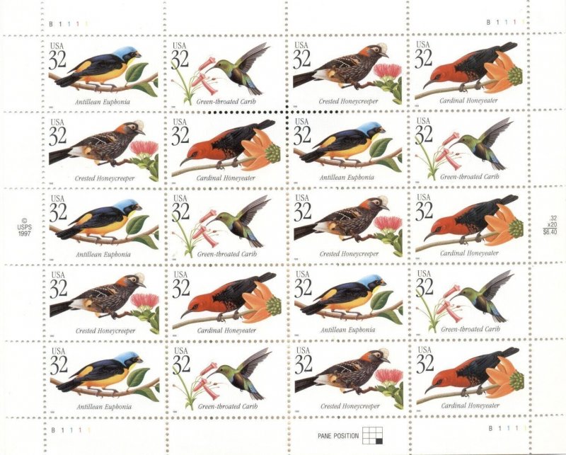 US: 1998 TROPICAL BIRDS; Sheet Sc 3222-3225; 32 Cents Values 