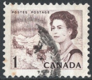 Canada SC#454p 1¢ Queen Elizabeth II, Northern Lights, Dog Sled Team (1967) Used