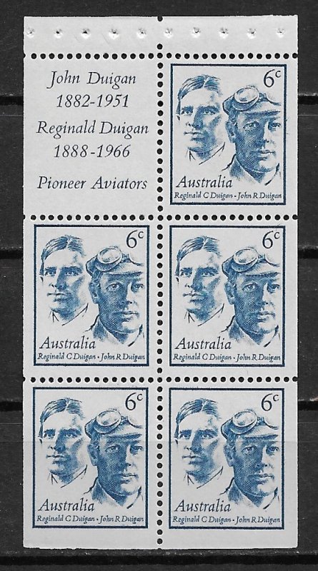 1970 Australia 454a Reginald C. & John R. Duigan MNH booklet pane of 5 + label