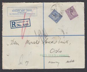 Great Britain Sc 191,192 used perfins 1928 Registered cover LONDON-OSLO, Norway