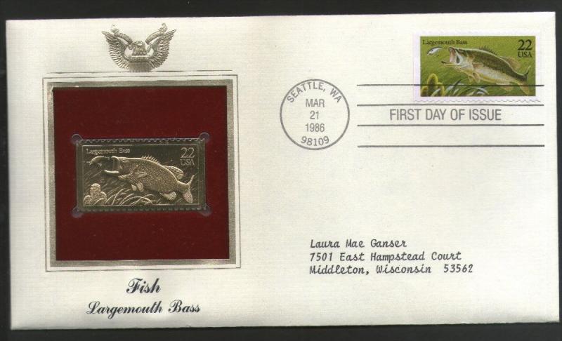 USA 1986 Fish Largemouth Bass Marine Life Animal Gold Replica Cover Sc 2207 #...