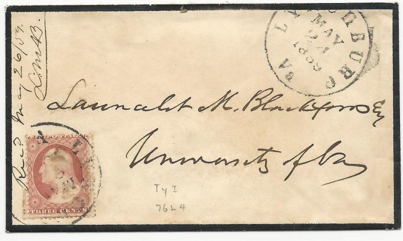 US Scott #25 Tied on Mourning Cover May 24, 1859 Lynchburg, VA