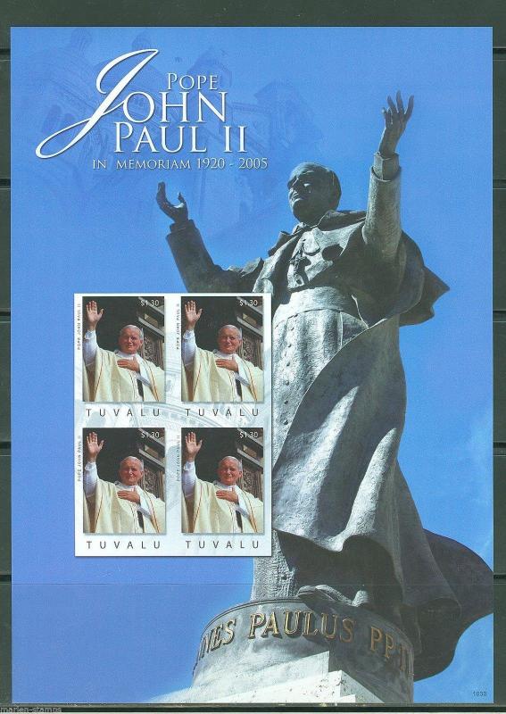 TUVALU  POPE JOHN PAUL II 10th MEMORIAL IMPERFORATE SHEET I OF FOUR  MINT NH