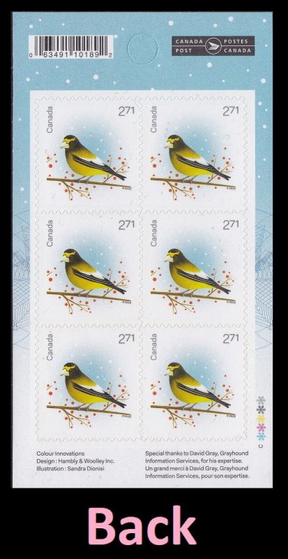 Canada 3367a Christmas Holiday Birds Grosbeak $2.71 booklet (6 stamps) MNH 2022
