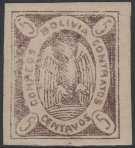 BOLIVIA 1867-68 CONDOR Sc 3 VIOLET KEY VALUE HINGED MINT VF SCARCE SCV$375.00 