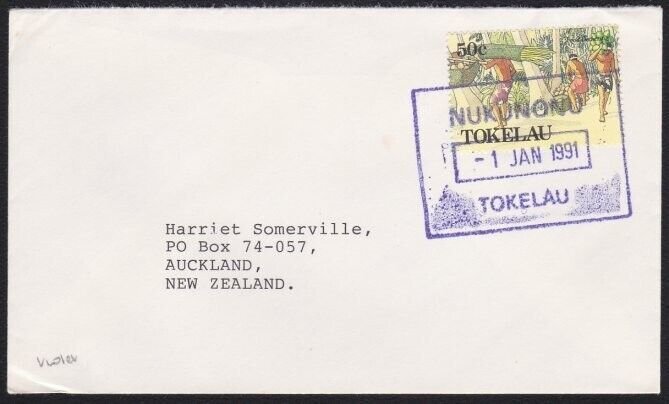 TOKELAU IS 1991 cover to NZ, scarce boxed NUKUNONO datestamp...............A7719