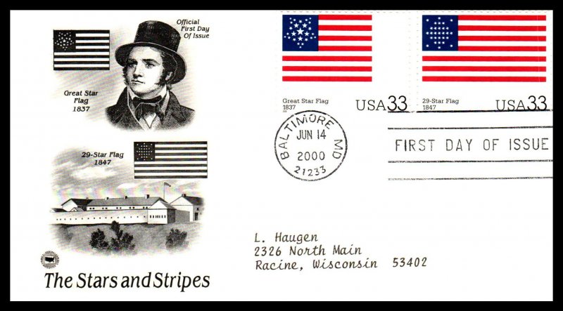 US 3403a-3403t Flags PCS Set of Ten Typed FDC