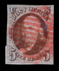 US STAMPS # 1 IMPERF USED CV $450 LOT #9179