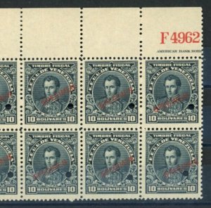 VENEZUELA Revenue Stamp 10b Plate F4962 Corner Block{10} ABNCo SPECIMEN Mint ZU1