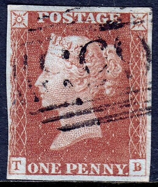 GREAT BRITAIN — SCOTT 3 (SG 8) — 1d QV PENNY RED — USED — 4 MARGINS — SCV $24