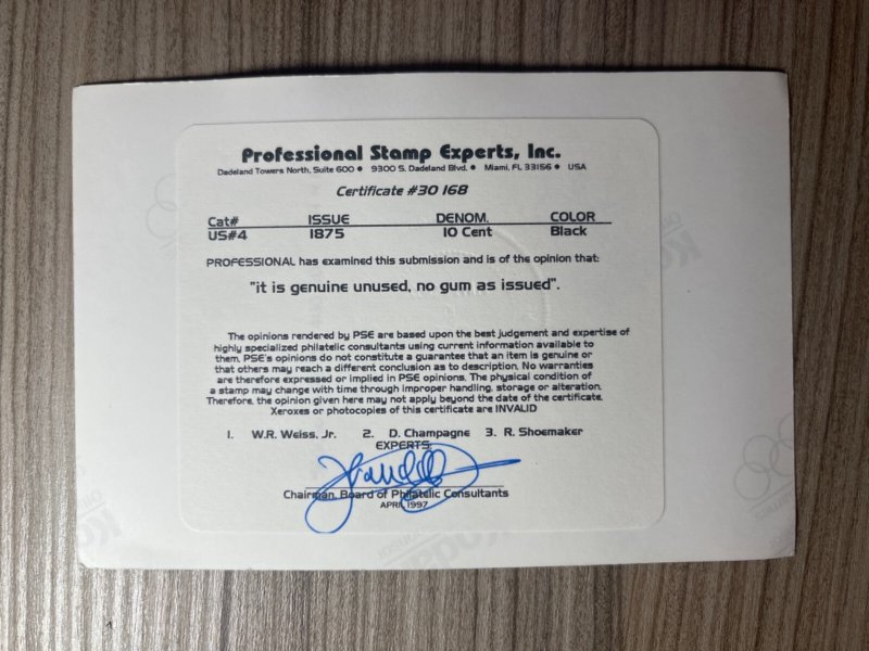 MOMEN: US STAMPS #4 IMPERF UNUSED PSE GRADED CERT XF-SUP 95 LOT #94340-2*