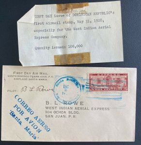 1927 Dominican Republic First Flight Cover FFC To San Juan Puerto Rico Rowe Sign