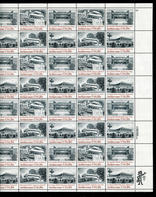 2019 - 2022 American Architecture Sheet of 40 20¢ Stamps MNH 1982