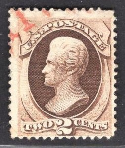 US Stamp#157 2c Brown Jackson USED SCV $ $25.00 