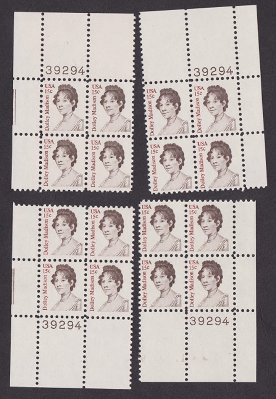 1822 Dolley Madison Set of MNH Plate Blocks - all 4 corners of #39294