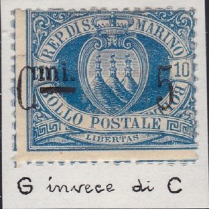 1892 SAN MARINO, no. 8y 5c. su 10c. blue MLH/* G.mi instead of C.mi