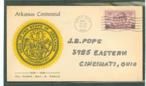 US 782 1936 3c Arkansas centennial (single) on an addressed first day cover with a Linprint cachet.