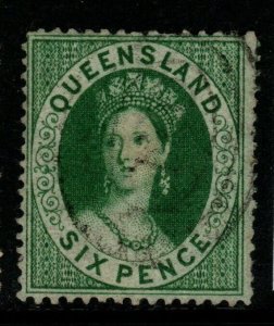 QUEENSLAND SG6 1860 6d GREEN CLEAN CUT p14-16 USED