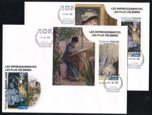 TOGO 2022 MOST CELEBRATRED IMPRESSIONISTS SOUVENIR SHEETS FIRST DAY COVERS