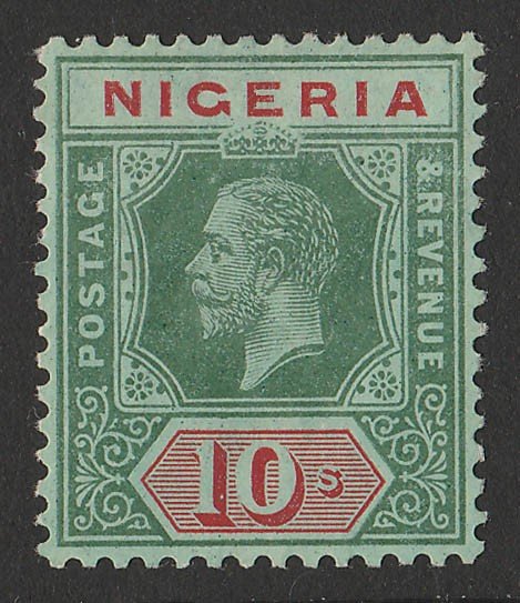 NIGERIA : 1914 KGV 10/- green & red on blue-green, white back, wmk mult crown.