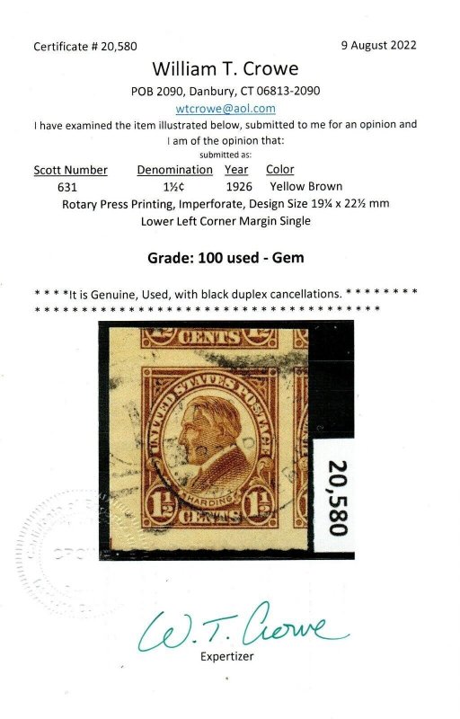 U.S. #631 Used GEM 100 Graded Certificate