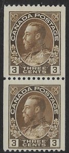 Canada 134 1921   3 cent coil pair  fine mint - hinged