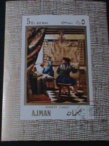 ​AJMAN-1968-FAMOUS  ARTS PAINTING-BY VERMEER-THE PAINTER-IMPERF-CTO-S/S VF