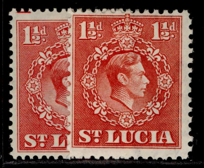 ST. LUCIA GVI SG130 + 130a, 1½d PERF VARIETIES, M MINT.