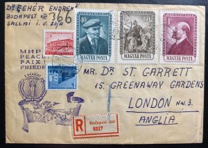 1954 Budapest Hungary Registered Cover To London England Lenin Stamp Issue