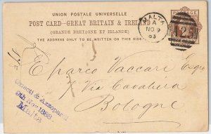 42317 - GB -  POSTAL HISTORY - British STATIONERY CARD from MALTA to ITALY 1883