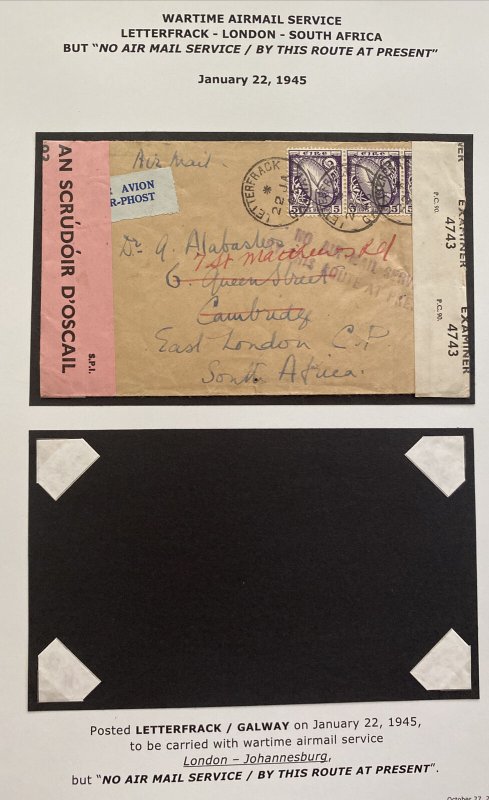 1945 Letterfrack Ireland Airmail Dual Censored Cover To East London South Africa