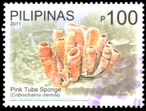 Philippines 3368 - Used - 100p Pink Tube Sponge (2011) (cv $9.00)