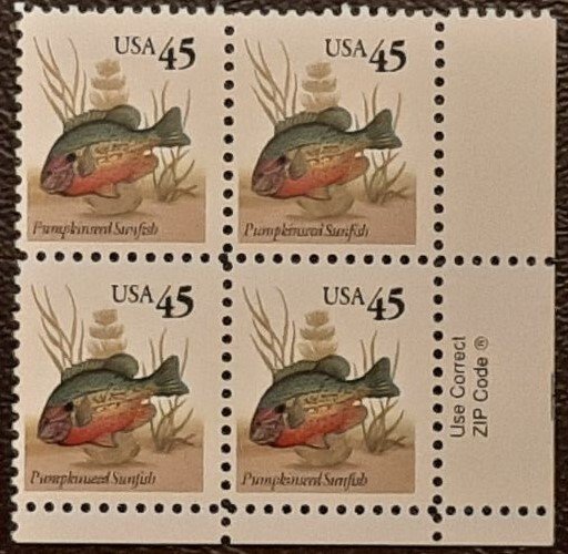 US Scott # 2481; 45c Pumpkinseed Sunfish From 1992; mnh, og, block of 4;