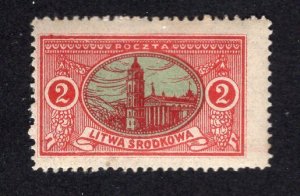 Central Lithuania 1921 2m rose & green Cathedral, Scott 36 Perf 13.5 Variety, MH