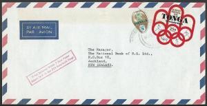 TONGA 1976 cover to NZ, 26s Olympic Games self adhesive....................53031