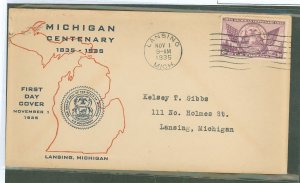 US 775 1935 3ct Michigan State centenary (single) on an addressed (typed) first day cover with a Michigan Historic commission ca