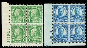Scott 632 1¢ Franklin 5¢ Roosevelt Plate Blocks of 4 Mint VF NH