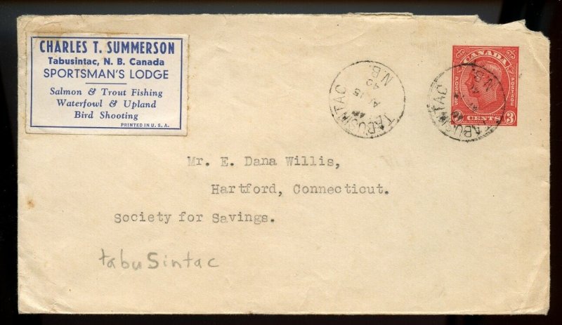 ?TABUSINTAC, N.B. LABEL Lodge for Salmon, Trout, Birds 1940 cover Canada