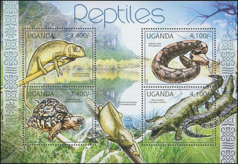 Uganda 2012 Sc 1965 Reptiles Turtle Chameleon Snake Crocodile CV $12